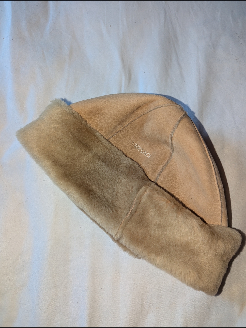 Versace Beige Shearling Fur Trim Hat